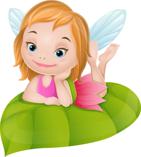 Vector Illustration Cartoon Little Fairy Green Leaf — Stock Vector