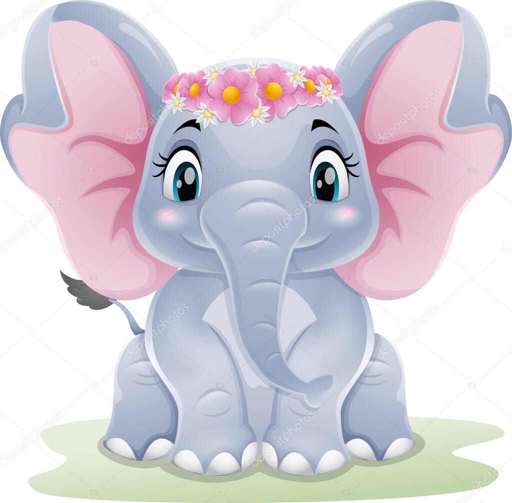 Vector illustration of Cartoon cute baby elephant sitting in the grass