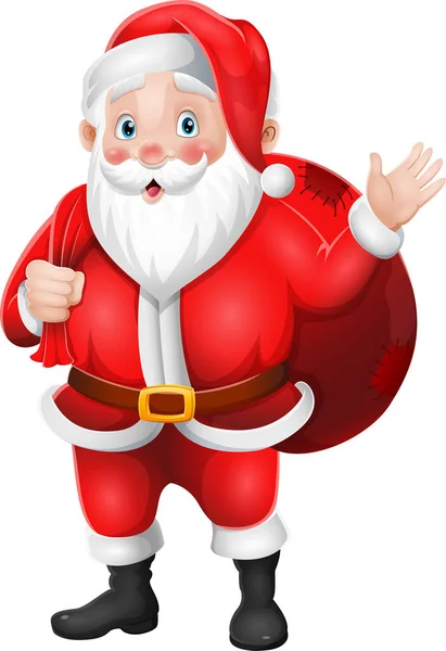 Vector Illustration Santa Claus Carrying Bag Presents Waving Hand — Stock Vector