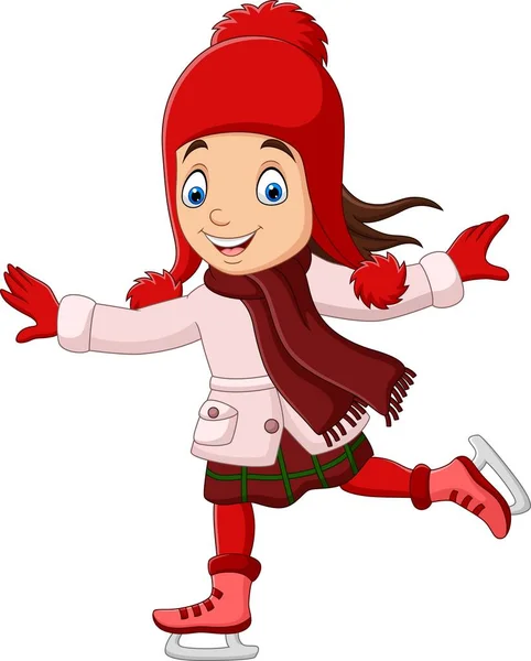 Vector Illustration Cute Little Girl Skating Wearing Warm Clothes Ice — Stock Vector