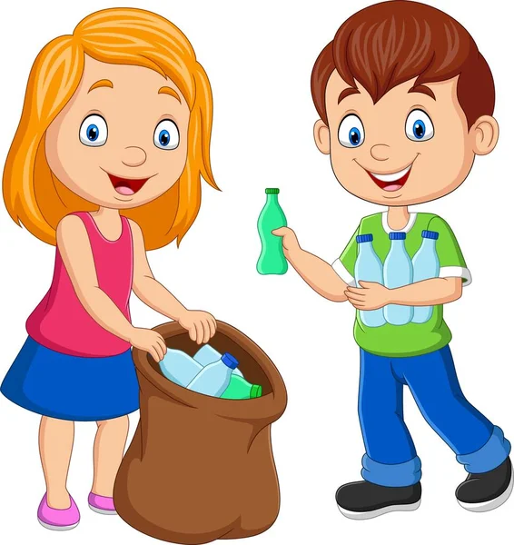 Illustrazione Vettoriale Bambini Dei Cartoni Animati Che Raccolgono Bottiglie Plastica — Vettoriale Stock