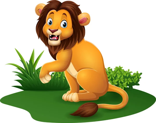 Vector Illustration Cartoon Happy Lion Posing Grass — Stock vektor