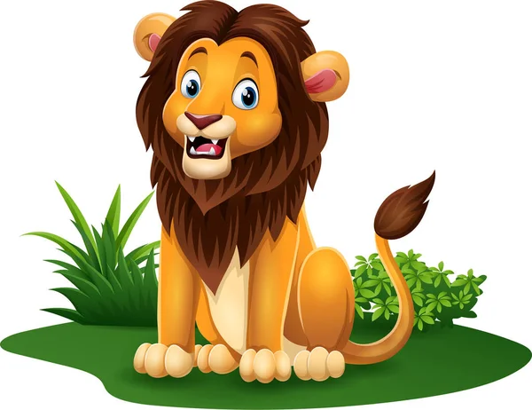 Vector Illustration Cartoon Funny Lion Sitting Grass — Stockvector