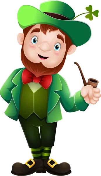 Illustration Vectorielle Dessin Animé Heureux Leprechaun Avec Pipe Fumer — Image vectorielle