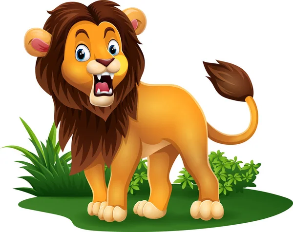 Vector Illustration Cartoon Lion Roaring Grass — Vetor de Stock