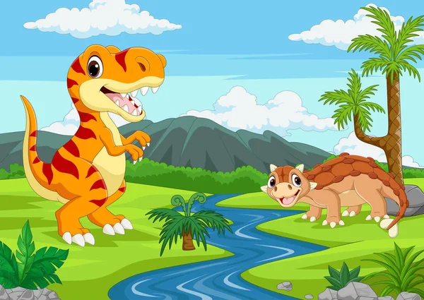 Vector Illustration Cartoon Two Dinosaurs Jungle — Stock Vector