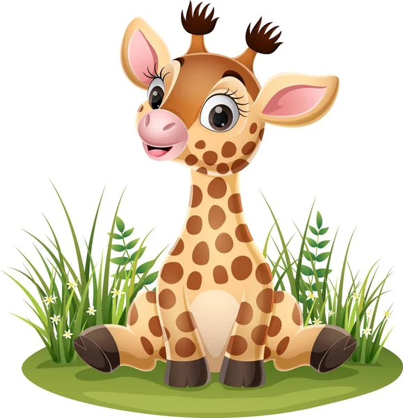 Vector Illustration Cartoon Little Giraffe Sitting Grass — Stock Vector