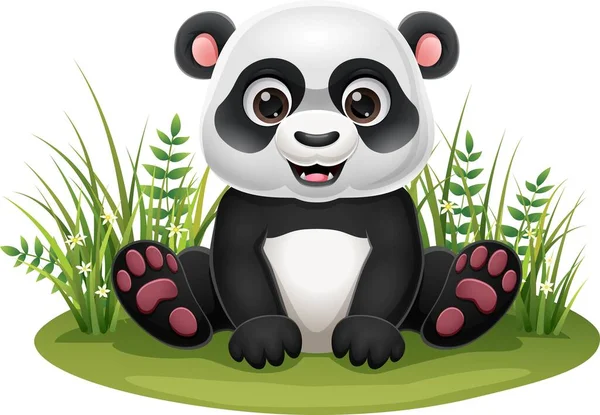 Ilustración Vectorial Dibujos Animados Pequeño Panda Sentado Hierba — Vector de stock