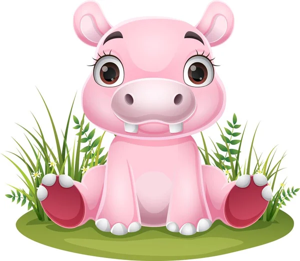 Wektor Ilustracja Kreskówki Dziecko Hipopotam Siedzi Trawie — Wektor stockowy