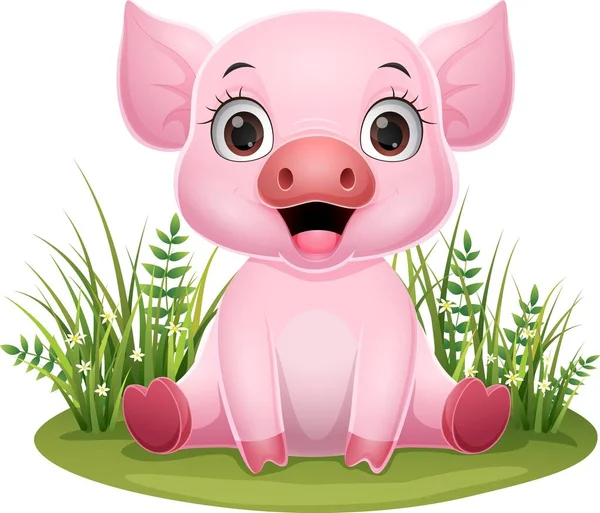 Vector Illustration Cartoon Baby Pig Sitting Grass — Stock Vector