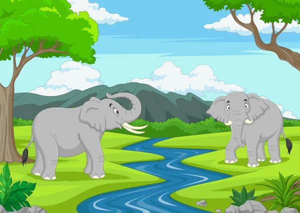 Illustration Vectorielle Cartoon Deux Éléphants Dans Jungle — Image vectorielle