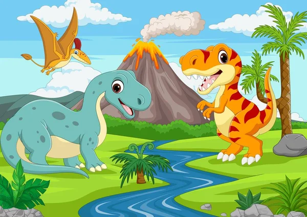 Vector Illustration Group Funny Cartoon Dinosaurs Jungle — Stock Vector