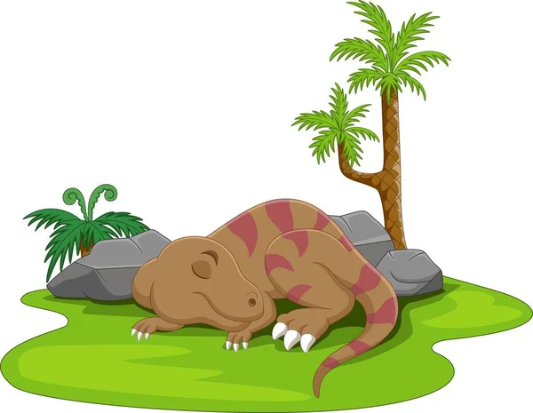 Illustration Vectorielle Dessin Animé Mignon Petit Dinosaure Dormir Dans Herbe — Image vectorielle