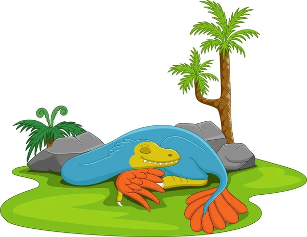 Vektorové Ilustrace Cartoon Roztomilý Modrý Dinosaurus Spící Trávě — Stockový vektor
