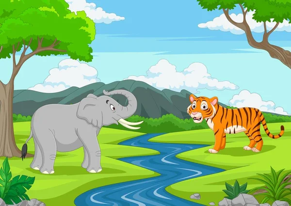 Ilustración Vectorial Elefante Dibujos Animados Tigre Selva — Archivo Imágenes Vectoriales