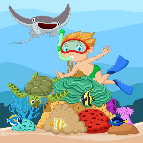 Illustration Vectorielle Cartoon Petit Garçon Plongeant Dans Mer Tropicale Sous — Image vectorielle