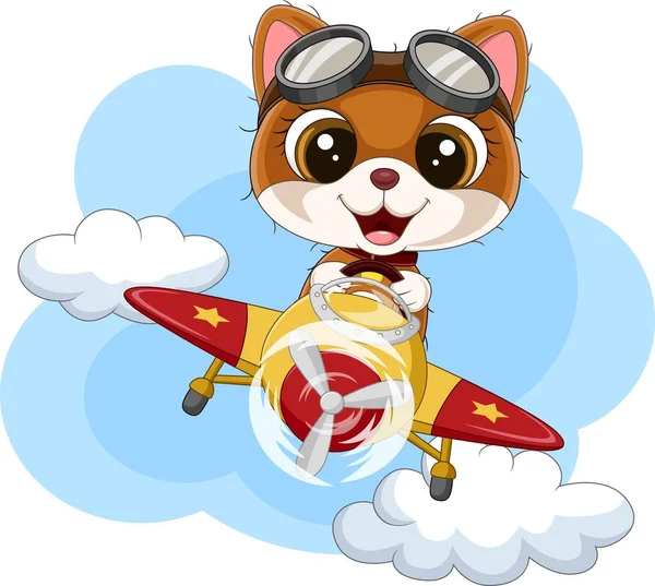 Vector Illustration Cartoon Baby Cat Operating Plane — Image vectorielle