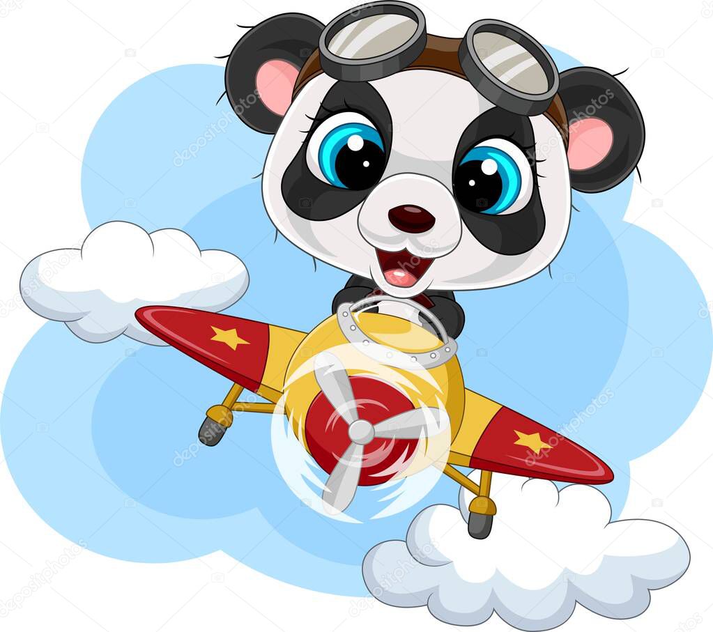 Vector illustration of Cartoon little panda operating a plane