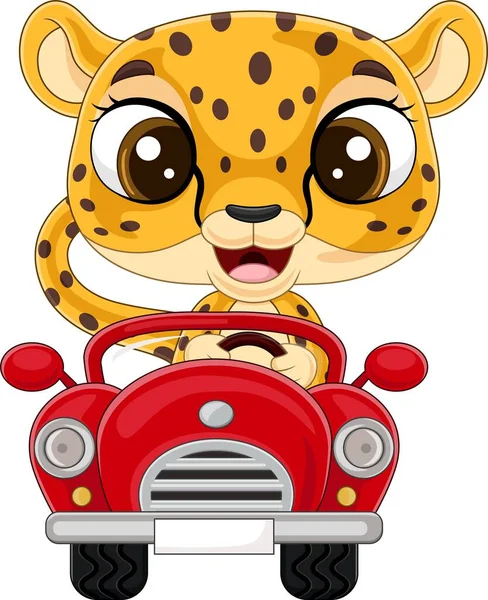 Vektorová Ilustrace Cartoon Baby Leopard Řízení Červené Auto — Stockový vektor