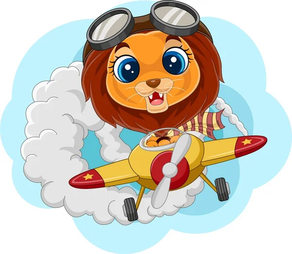 Vector Illustration Cartoon Baby Lion Operating Plane — Stock Vector