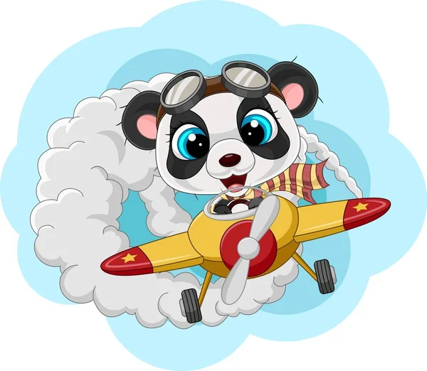 Vector Illustration Cartoon Little Panda Operating Plane — Stock Vector