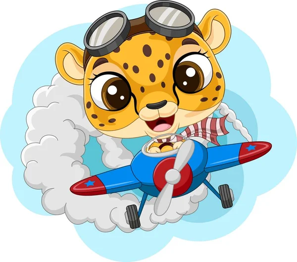 Ilustração Vetorial Leopardo Bebê Dos Desenhos Animados Operando Avião — Vetor de Stock