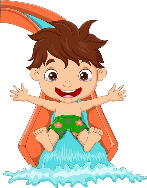 Vector Illustratie Van Happy Kleine Jongen Het Water Glijden — Stockvector