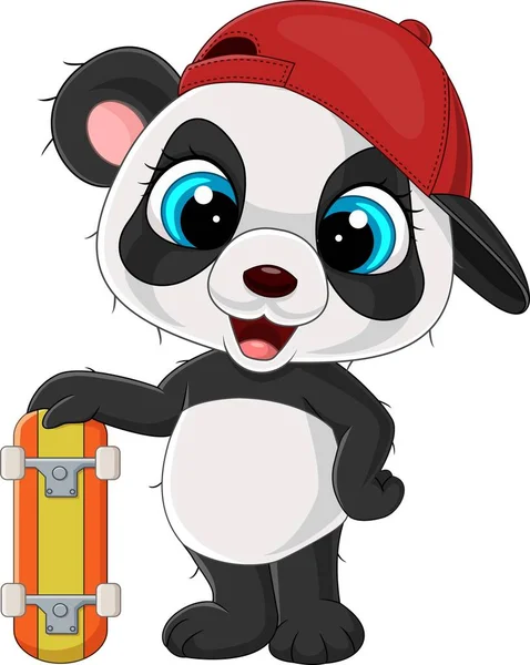Vector Illustration Cartoon Little Panda Holding Skateboard — Stock Vector