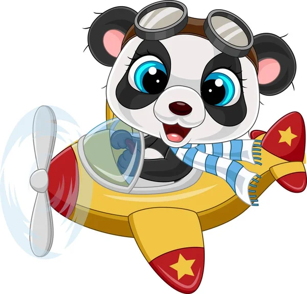 Ilustração Vetorial Pequeno Panda Dos Desenhos Animados Operando Avião — Vetor de Stock