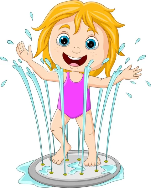 Vector Illustratie Van Cartoon Klein Meisje Spelen Water Fontein — Stockvector