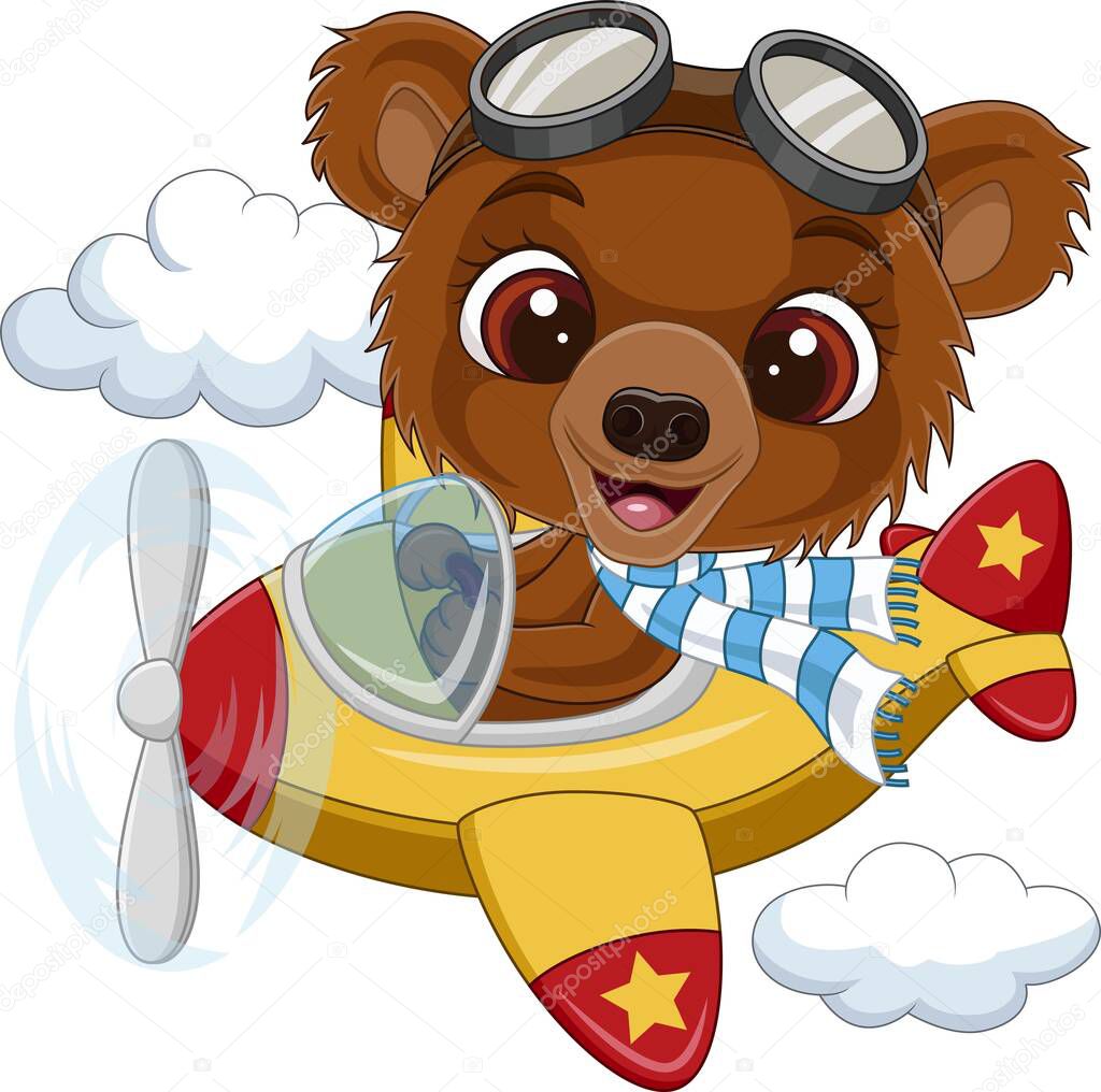 Vector illustration of Cartoon baby bear operating a plane
