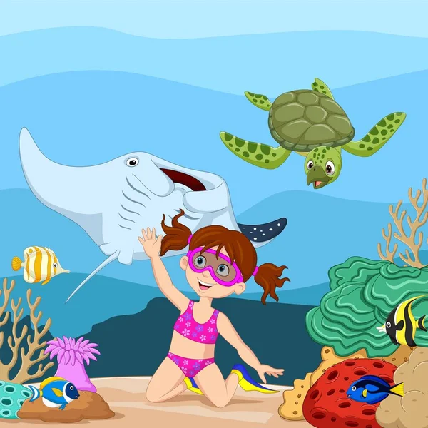 Illustration Vectorielle Petite Fille Dessin Animé Plongeant Dans Mer Tropicale — Image vectorielle