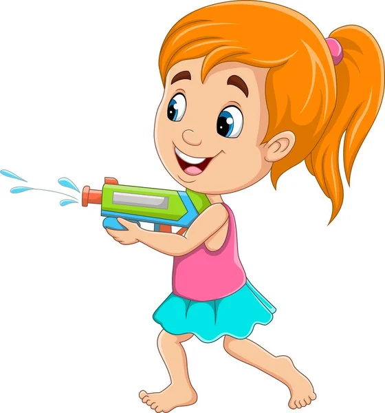 Vector Illustration Cartoon Little Girl Playing Water Gun — Stock Vector