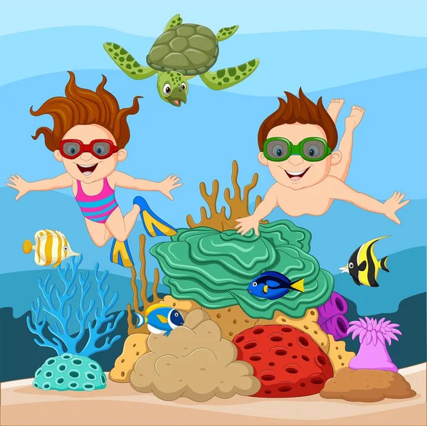 Vector Illustration Cartoon Little Kids Diving Undersea — Stock Vector