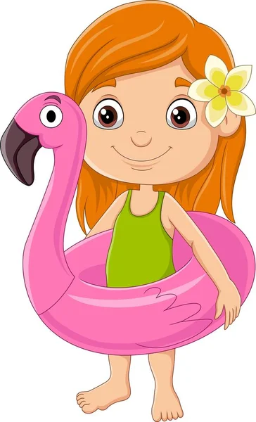 Vector Illustratie Van Cartoon Klein Meisje Met Flamingo Opblaasbare Ring — Stockvector