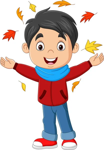 Ilustración Vectorial Dibujos Animados Niño Feliz Con Hojas Otoño — Vector de stock