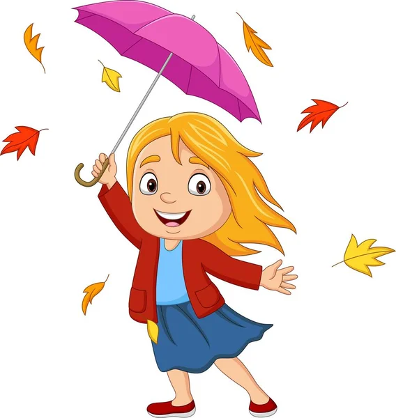 Vektorová Ilustrace Kreslené Holčičky Deštníkem Podzimními Listy — Stockový vektor