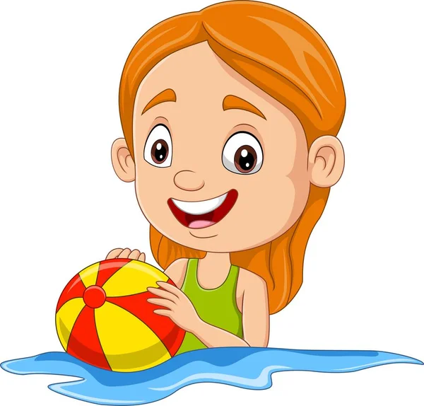 Ilustración Vectorial Dibujos Animados Niña Feliz Jugando Pelota Playa — Vector de stock