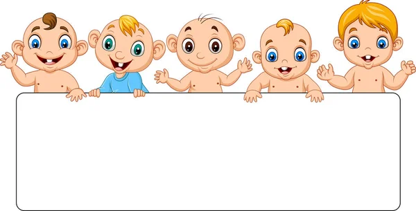 Vector Illustration Group Cartoon Baby Boys Blank Sign — Stock Vector