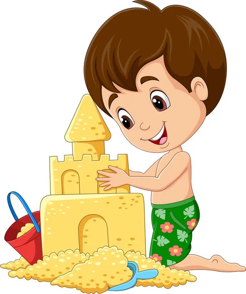 Vector Illustration Cartoon Little Boy Making Sand Castle — Image vectorielle