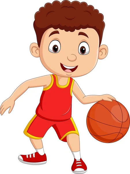 Векторная Иллюстрация Маленький Мальчик Играет Баскетбол — стоковый вектор