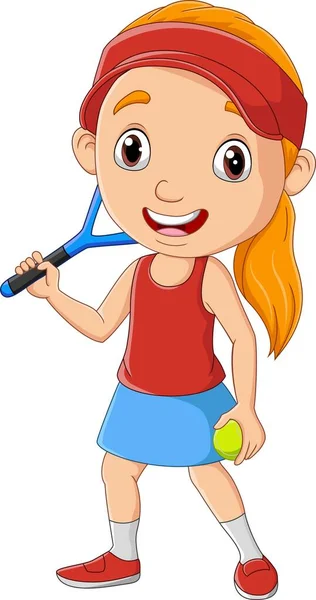 卡通小女孩打网球的矢量图解 — 图库矢量图片
