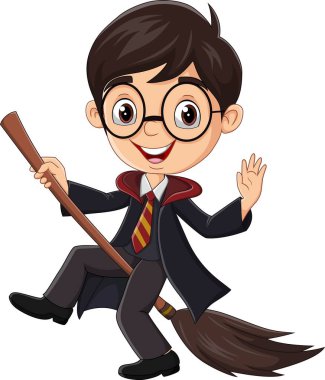 Sihirli süpürge sopasıyla Karikatür Büyücüsü çocuğun vektör çizimi