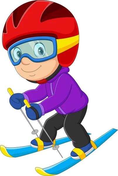 Vektor Illustration Von Cartoon Kleiner Junge Beim Skifahren — Stockvektor