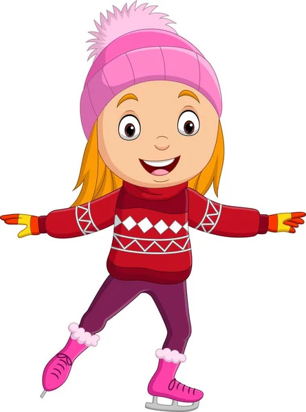 Vector Illustratie Van Schattig Klein Meisje Dragen Winter Kleding Schaatsen — Stockvector