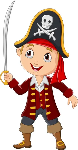 Vector Illustration Cartoon Pirate Boy Holding Sword — Stock Vector
