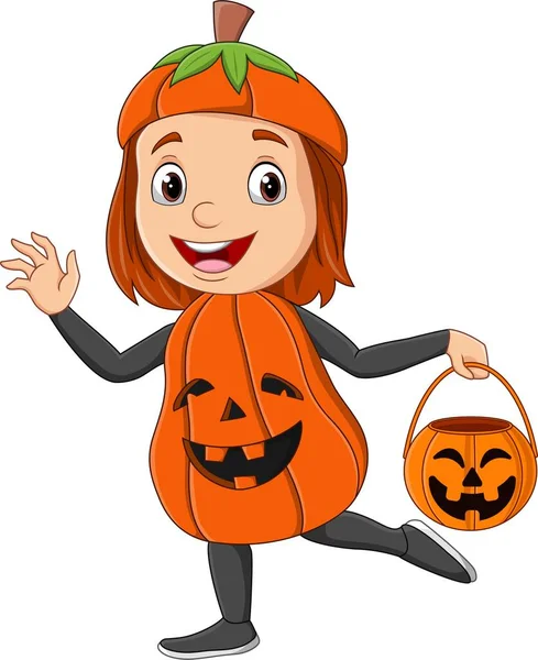 Ilustração Vetorial Menina Dos Desenhos Animados Vestindo Halloween Traje Abóbora — Vetor de Stock