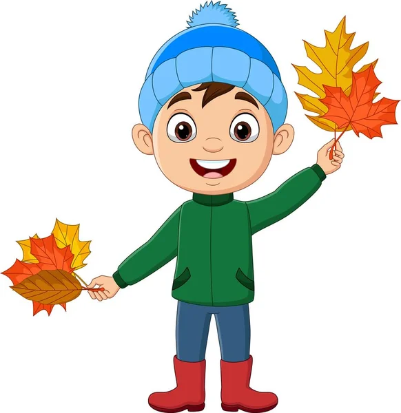 Vektor Illustration Von Cartoon Kleiner Junge Mit Herbstblättern — Stockvektor