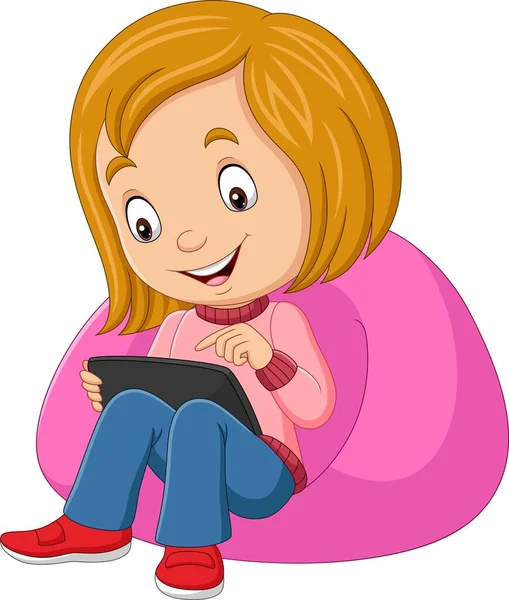 Ilustração Vetorial Cartoon Menina Feliz Usando Tablet Sofá —  Vetores de Stock