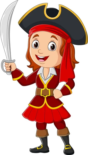Vector Illustration Cartoon Pirate Girl Holding Sword — Stock Vector